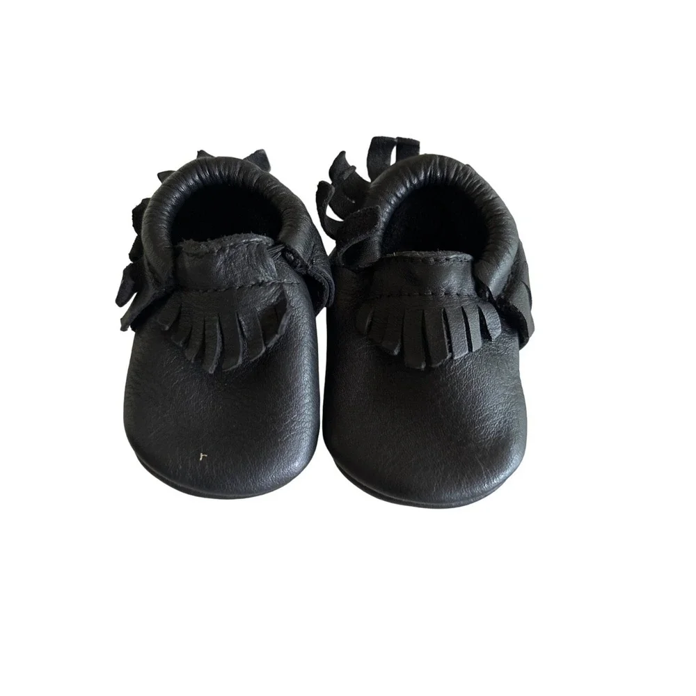 Fresh‎ Picked Black Leather Crib Shoe Bootie Moccasins Size 6 months